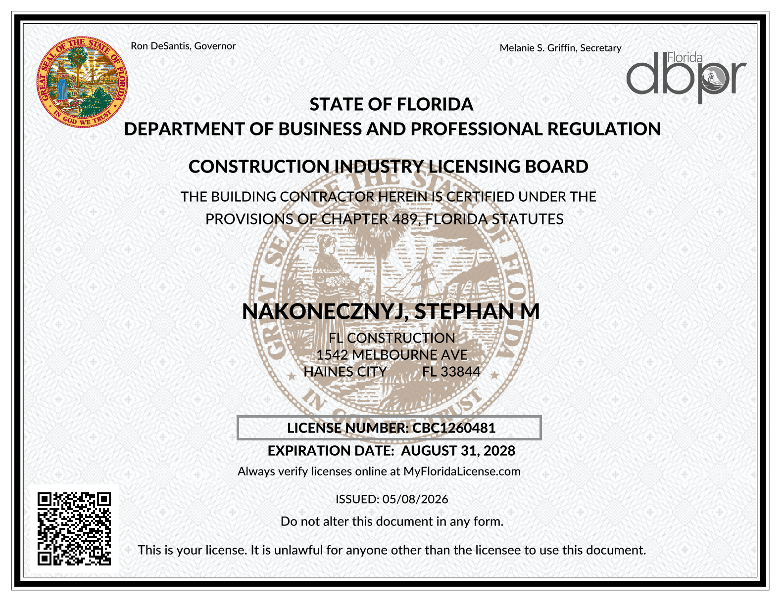 Florida State Contractor's License for FL Construction